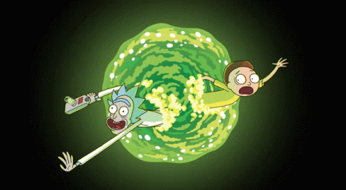Rick y Morty saliendo del portal